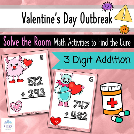 Valentine's Day Activity - 3-Digit Addition Math - Solve the Room Game