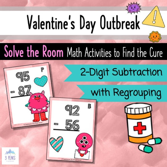 Valentine's Day Activity - SUBTRACTION Math - Solve the Room Game