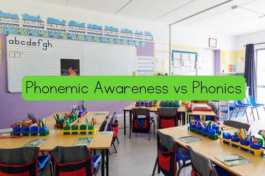 Empty elementary classroom with desks arranged in groups, featuring the text “Phonemic Awareness vs Phonics” on a green banner.