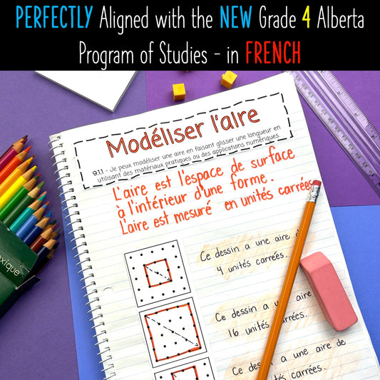 Grade 4 Math Alberta FRENCH - L’aire - Measurement: Area Unit - Math Notebook